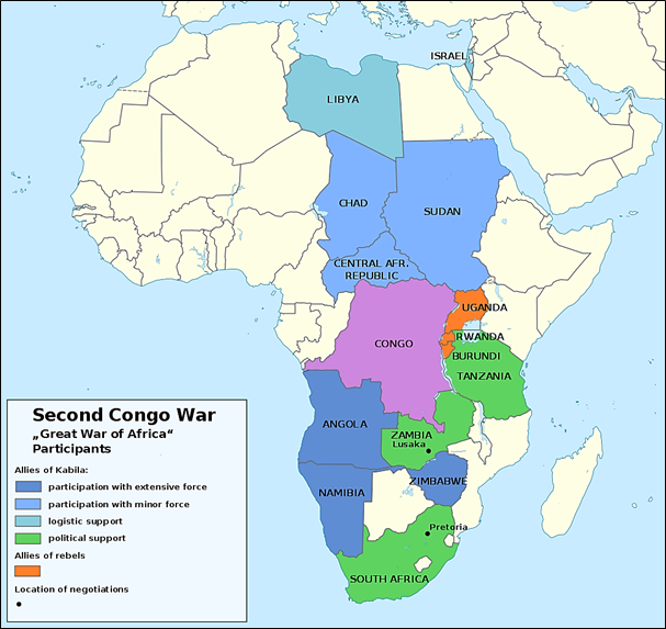 Toiseen Kongon sotaan sekaantuneet Afrikan maat. Lähde: commons.wikimedia.org, By Don-kun, TUBS, Hairy Dude - CC BY-SA 4.0